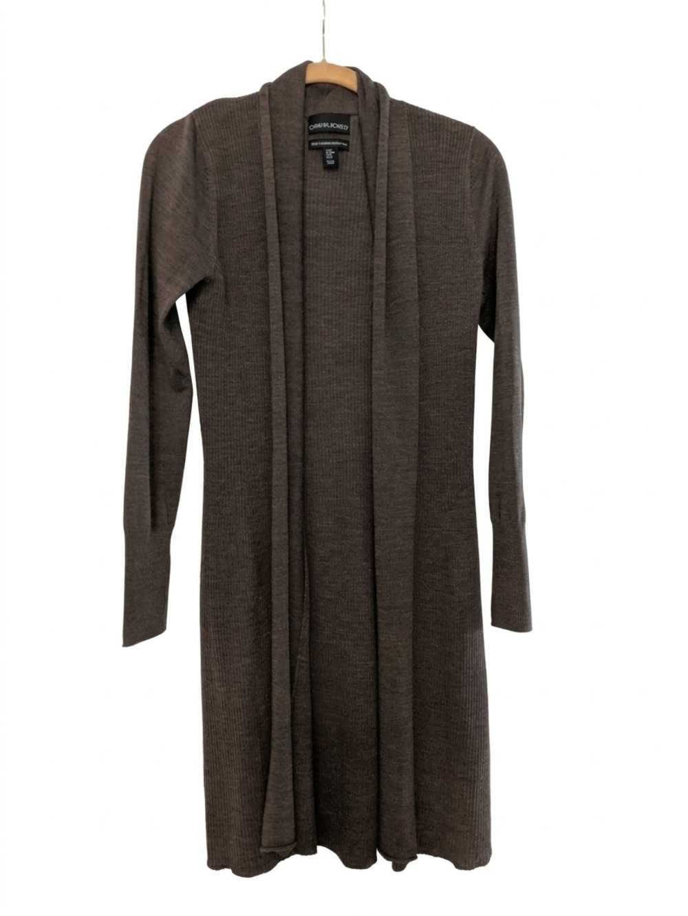 Cynthia Rowley Merino Wool Long Cardigan Sweater Brown Open Front Ribbed Medium